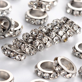 Perles séparateurs en laiton avec strass, Grade a, de couleur métal platine , cristal, 8x2.5mm, Trou: 5mm