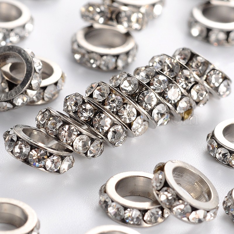 Brass Rhinestone Spacer Beads, Grade A, Platinum Metal Color, Light Rose,  8x2.5mm, Hole: 5mm