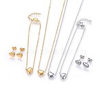 304 Stainless Steel Jewelry Sets, Pendant Necklaces & Stud Earrings & Bracelets, Heart, Mixed Color, 16.93 inch(43cm), 6-3/4 inch(17cm), 7x9x2.5mm, Pin: 0.8mm(SJEW-H144-23)