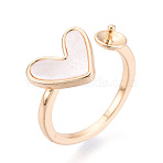 Heart Brass Shell Cuff Ring Settings, for Half Drilled Beads, Cadmium Free & Nickel Free & Lead Free, Real 18K Gold Plated, Pin: 1~1.2mm, 9.1mm, Inner Diameter: 16mm(KK-T076-74G)