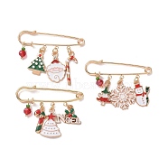 3Pcs 3 Style Christmas Tree & Santa Claus & Snowflake & Word Noel Enamel Safety Pin Brooches, Light Gold Alloy Lapel Pins for Sweater Shawl Clips Waist Pants Extender, Mixed Color, 22~43x50x4.5mm, 1Pc/style(JEWB-TA00013)
