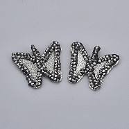 Iron Pendants, Electroplate Natural Leaf, with Polymer Clay Rhinestone, Butterfly, Jet Hematite, Silver Color Plated, PP11(1.7~1.8mm), 28x31x3~5.5mm, Hole: 2x5mm(IFIN-T013-001)