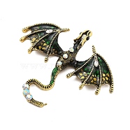 Alloy Rhinestone Cabochons, Dragon, Antique Golden, Green, 57x67.5x9mm(FIND-U016-01AG-03)