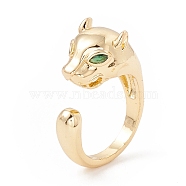 Yellow Green Cubic Zirconia Lion Open Cuff Ring, Brass Jewelry for Women, Lead Free & Cadmium Free, Real 18K Gold Plated, US Size 5 1/4(15.9mm)(KK-E005-13G)
