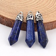Dyed Bullet Natural Lapis Lazuli Pendants, with Platinum Tone Alloy Findings, 33~40x8~10mm, Hole: 3x2mm(G-E332-C04)