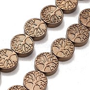 Synthetic Non-magnetic Hematite Beads Strands, Long-Lasting Plated, Flat Round with Tree of Life, Copper Plated, 10x3mm, Hole: 1mm, about 40pcs/strand, 15.94''(40.5cm)(G-P545-P01-01J)