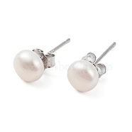 Natural Pearl Round Bead Stud Earrings, with Real Platinum Plated 925 Sterling Silver Findings, White, 16x6~7mm(X-EJEW-E298-01C-01P)