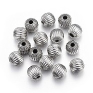 304 Stainless Steel Corrugated Beads, Round, Stainless Steel Color, 8mm, Hole: 2mm(STAS-P218-24-8mm)