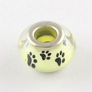 Large Hole Dog Paw Prints Pattern Resin European Beads, with Silver Color Plated Brass Double Cores, Rondelle, Pale Green, 14x9~10mm, Hole: 5mm(OPDL-Q129-230A)