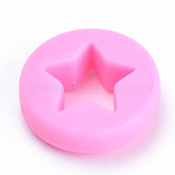 Food Grade Eco-Friendly Silicone Focal Beads, Chewing Beads For Teethers, DIY Nursing Necklaces Making, Flat Round with Star, Hot Pink, 21x7mm, Hole: 2mm(SIL-T040-07)