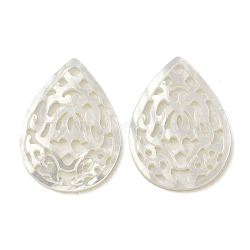 Natural White Shell Hollow Pendants, Teardrop Charms, WhiteSmoke, 32.5x23x1.5mm, Hole: 2x2.5mm(SSHEL-M022-11)