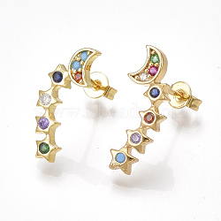 Brass Cubic Zirconia Stud Crawler Earrings, Climber Earrings, with Ear Nuts, Star and Moon, Golden, 19~20.5x8~9mm, Pin: 0.7mm(EJEW-S201-119)