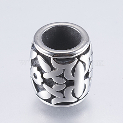304 Stainless Steel Beads, Barrel with Flower, Antique Silver, 11x10mm, Hole: 6mm(STAS-I072-035AS)