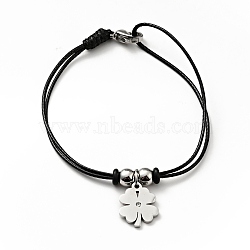 304 Stainless Steel Clover Charm Bracelet with Waxed Cord for Women, Stainless Steel Color, 7 inch(17.8cm)(BJEW-A125-28)