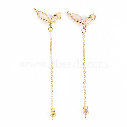 Brass Freshwater Shell Peg Bails Pendants, with Chain, for Half Drilled Bead, Nickel Free, Fishtail Shape, Real 18K Gold Plated, 69~71x18.5x4mm, Hole: 1mm, Pin: 0.8mm(KK-T062-135G-NF)