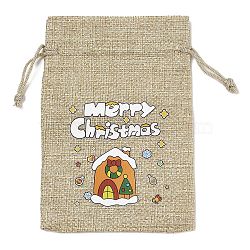 Christmas Printed Burlap Packing Pouches Drawstring Bags, Rectangle, Tan, House, 14x10x0.01cm(ABAG-Q053-02A-11)