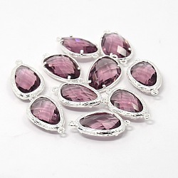 Silver Color Plated Brass Glass Links connectors, Faceted Teardrop, Plum, 24x13x6mm, Hole: 1mm(GLAA-J033-04S)