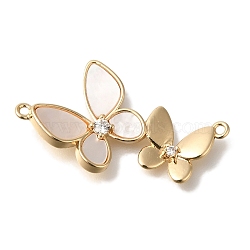 Brass Micro Pave Cubic Zirconia Pendants, with Shell, Butterfly Charms, Real 18K Gold Plated, 28x16x3mm, Hole: 2mm(KK-K389-034G)