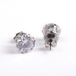 Flat Round 304 Stainless Steel Cubic Zirconia Stud Earrings, Clear, 7mm, Pin: 0.9mm(EJEW-H306-38-7mm-A)