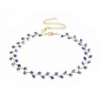 Glass Beads Choker Necklaces, with Brass Lobster Claw Clasps and Iron Twisted Chains, Golden, Medium Blue, 13.3 inch(33.8cm), 12mm