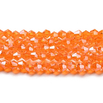 Transparent Electroplate Glass Beads Strands, Pearl Luster Plated, Faceted, Bicone, Orange Red, 4x4mm, Hole: 0.8mm, about 87~98pcs/strand, 12.76~14.61 inch(32.4~37.1cm)