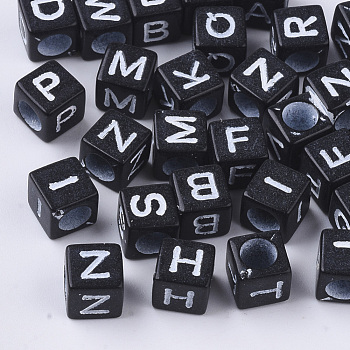 Opaque Acrylic Beads, Horizontal Hole, Cube with Random Initial Letter, Black, 6x6x6mm, Hole: 3.5mm, about 3380pcs/500g