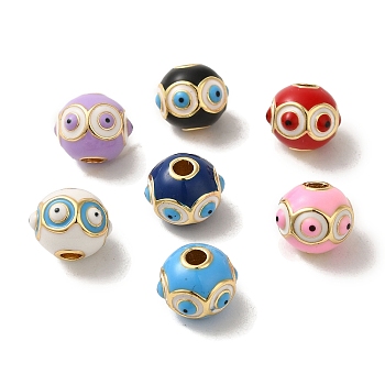 Brass Enamel Beads, Real 18K Gold Plated, Rondelle with Evil Eye, Mixed Color, 11x11x9mm, Hole: 3mm