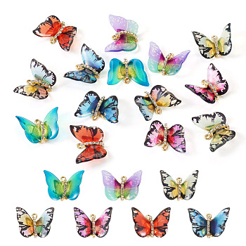 14Pcs 7 Colors Transparent Resin Pendants, Butterfly Charms with Golden Plated Alloy Crystal Rhinestone Findings, Mixed Color, 17~17.5x21~24x6~7mm, Hole: 1.4mm, 2pcs/color