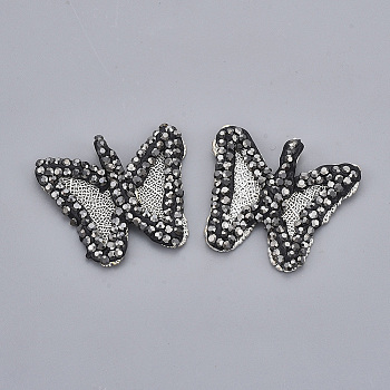 Iron Pendants, Electroplate Natural Leaf, with Polymer Clay Rhinestone, Butterfly, Jet Hematite, Silver Color Plated, PP11(1.7~1.8mm), 28x31x3~5.5mm, Hole: 2x5mm