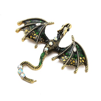 Alloy Rhinestone Cabochons, Dragon, Antique Golden, Green, 57x67.5x9mm