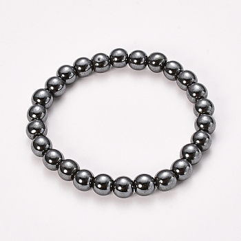 Non-magnetic Synthetic Hematite Beaded Stretch Bracelets, Round, 2-1/8 inch(55mm), Bead: 8~9mm