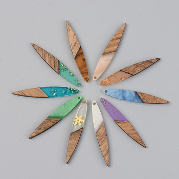 Resin & Walnut Wood Pendants, Leaf, Mixed Color, 43x7x3mm, Hole: 1.6mm