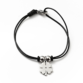 304 Stainless Steel Clover Charm Bracelet with Waxed Cord for Women, Stainless Steel Color, 7 inch(17.8cm)