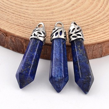 Dyed Bullet Natural Lapis Lazuli Pendants, with Platinum Tone Alloy Findings, 33~40x8~10mm, Hole: 3x2mm
