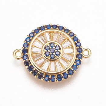 Brass Micro Pave Cubic Zirconia Links, Flat Round, Blue, Golden, 15.5x20x3mm, Hole: 1mm