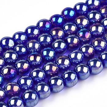 Electroplate Transparent Glass Beads Strands, AB Color Plated, Round, Dark Blue, 6~6.5mm, Hole: 1.4mm, about 67~70pcs/strand, 14.76 inch~15.16 inch(37.5~38.5cm)