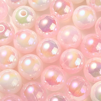 UV Plating Rainbow Iridescent Acrylic Beads, Round, Pearl Pink, 13.5x13mm, Hole: 3mm