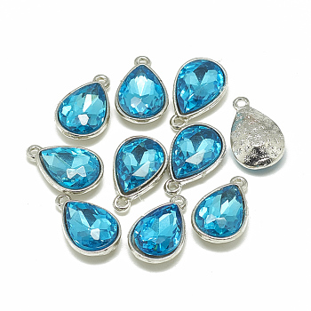 Alloy Glass Charms, Faceted, teardrop, Platinum, Deep Sky Blue, 14.5x9x5mm, Hole: 1.5mm