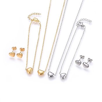 304 Stainless Steel Jewelry Sets, Pendant Necklaces & Stud Earrings & Bracelets, Heart, Mixed Color, 16.93 inch(43cm), 6-3/4 inch(17cm), 7x9x2.5mm, Pin: 0.8mm