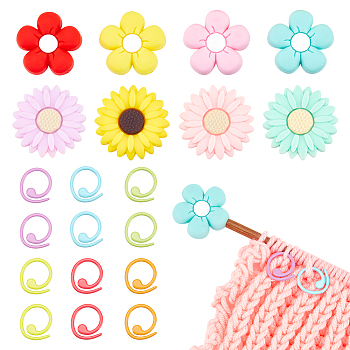 Flower Silicone Knitting Needle Point Protectors, Knitting Needle Stoppers with Zinc Alloy Stitch Markers, Mixed Color, Stoppers: 26~29.5x27~29.5x9~10mm, Hole: 2mm, 16pcs, Marker Rings: 14.5x1mm, 30pcs
