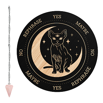 CRASPIRE 1Pc Cone/Spike/Pendulum Natural Rose Quartz Stone Pendants, 1Pc 304 Stainless Steel Cable Chain Necklaces, 1Pc PVC Custom Pendulum Board, Dowsing Divination Board, Cat Pattern, 3pcs/set