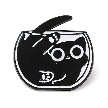 Black Cat with Bowl Alloy Enamel Brooch, Pin for Backpack Clothes, Electrophoresis Black, 29x30.5x1.5mm