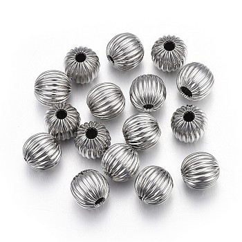 304 Stainless Steel Corrugated Beads, Round, Stainless Steel Color, 8mm, Hole: 2mm