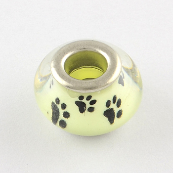 Large Hole Dog Paw Prints Pattern Resin European Beads, with Silver Color Plated Brass Double Cores, Rondelle, Pale Green, 14x9~10mm, Hole: 5mm