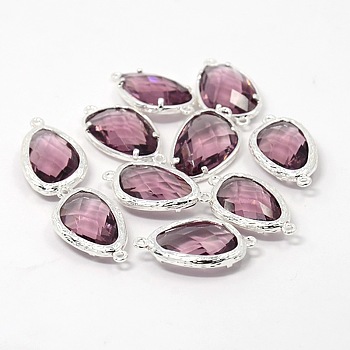 Silver Color Plated Brass Glass Links connectors, Faceted Teardrop, Plum, 24x13x6mm, Hole: 1mm