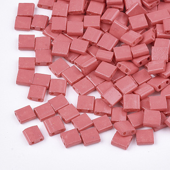 2-Hole Baking Paint Glass Seed Beads, Rectangle, Light Coral, 5x4.5~5.5x2~2.5mm, Hole: 0.5~0.8mm