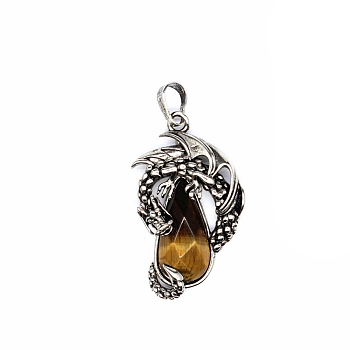 Natural Tiger Eye Brass Pendants, Flying Dragon Charms with Faceted Teardrop Gems, Antique Silver, 38x22x6mm