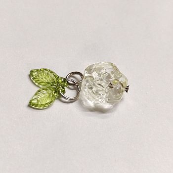 Glass Pendant, with Iron & 304 Stainless Steel Findings, Flower with Leaf Charms, Floral White, 22mm