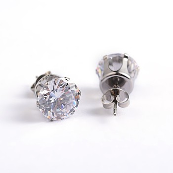 Flat Round 304 Stainless Steel Cubic Zirconia Stud Earrings, Clear, 7mm, Pin: 0.9mm