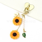 Alloy & ABS Plastic Imitation Pearl & Resin Pendant Decorations, Flower, with Alloy Lobster Claw Clasps, Dark Orange, 106mm(HJEW-YW00416-01)